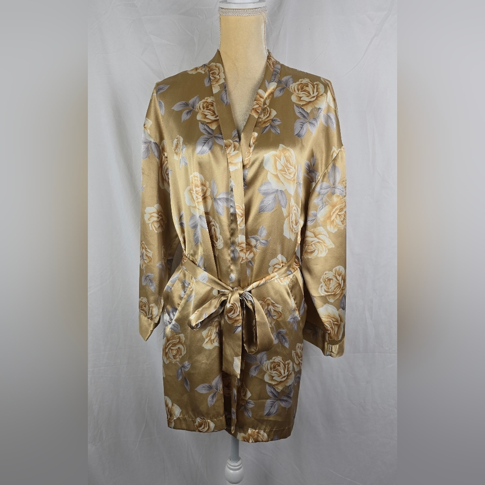 Victoria's Secret Vintage Satin Gold Rose Build In Belt Kimono Robe One Size